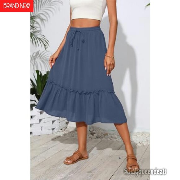 High Waist Tiered Midi Skirt with Pockets, Elastic Drawstring, Flowy Below Knee - Picture 4 of 8